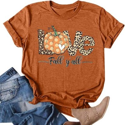 Women Thanksgiving Pumpkin Print Colored Cotton T-Shirt