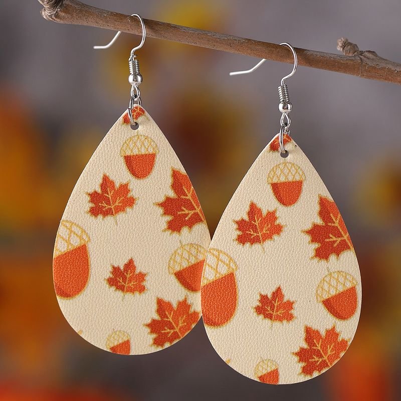 Autumn Thanksgiving Maple Leaf Pendant Pu Leather Earrings