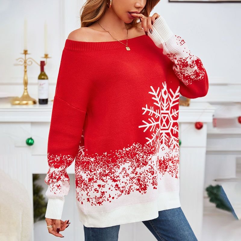 Women Fashion Cartoon Christmas Snowflake Print Off Shoulder Long Sleeve Knitted Sweater