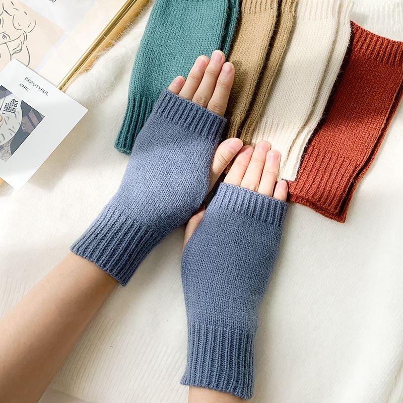 Autumn Winter Women Fashion Solid Color Warm Knitted Half Finger Wool Gloves