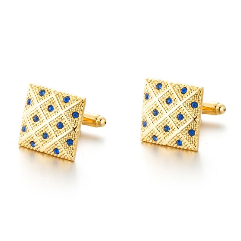 Men Square Blue Crystal Gold Cufflinks