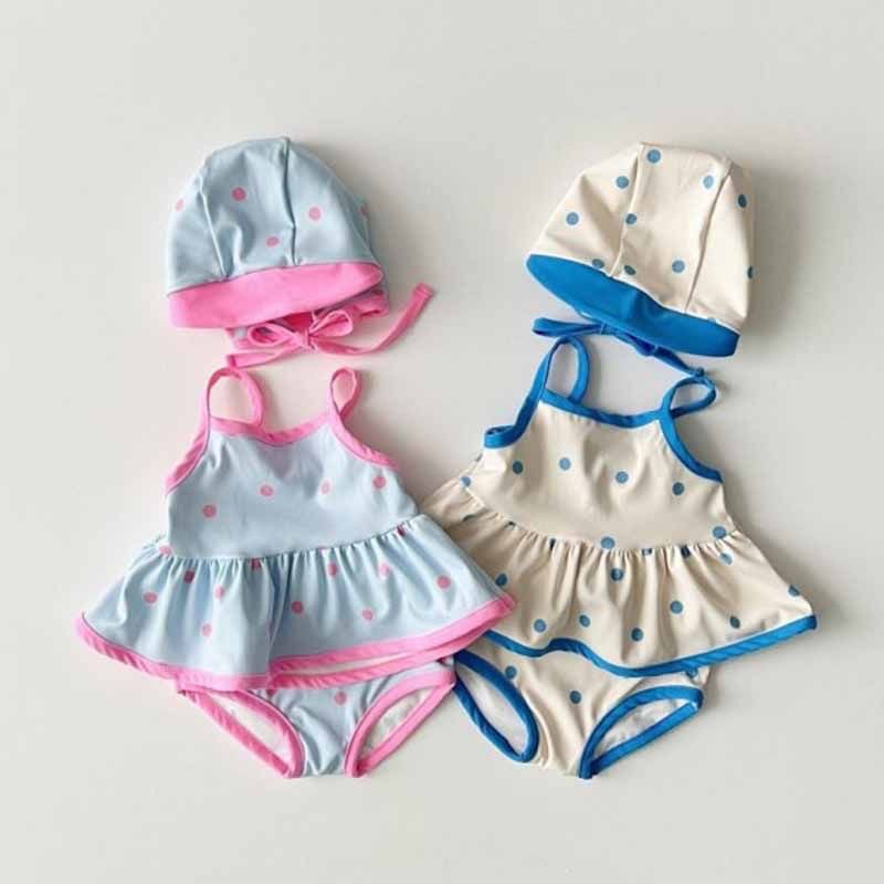 Kids Toddler Girls Casual Cute Polka Dot Print Swimming Cap Tankinis Swimwear Three-Piece Set