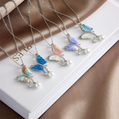 Women Simple Multicolor Fluorescent Butterfly Pearl Titanium Steel Necklace