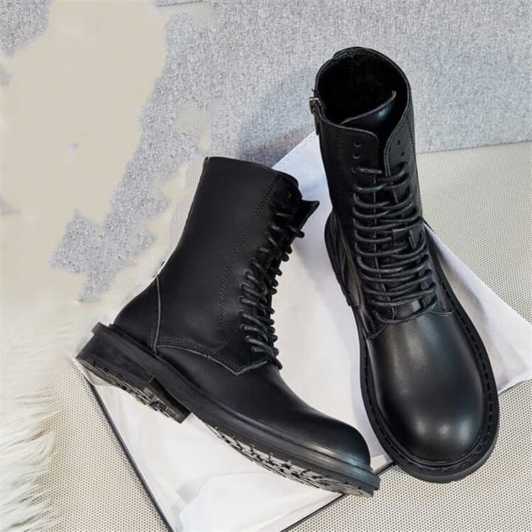 Size:4.5-9 Women Solid Color Lace-up Genuine Leather Zipper Boots