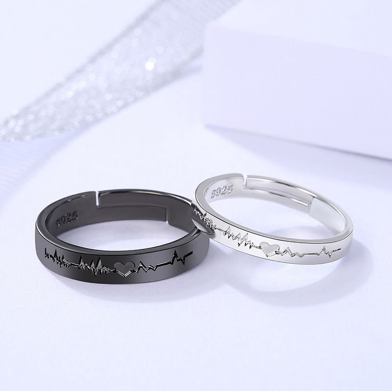 Simple Fashion Black White ECG Opening Couple Ring