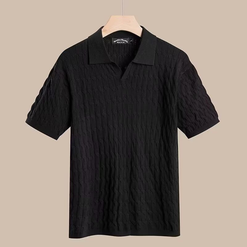 Men Fashion Casual Commuter Solid Color Rib-Knit Short Sleeve Lapel POLO Shirt