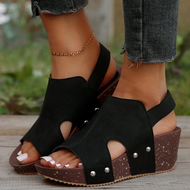 Summer Women Vintage Plus Size Platform Wedge Heel Studded Cutout Sandals