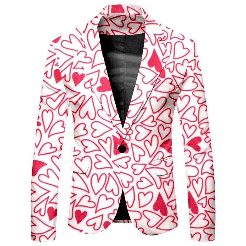 Men Fashion Casual Party Valentine Heart Shape Print Long Sleeve Lapel Suit