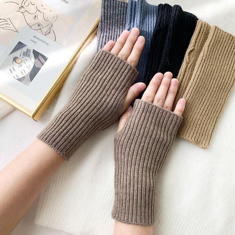 Autumn Winter Women Simple Solid Color Vertical Strip Knitted Wool Half-Finger Gloves