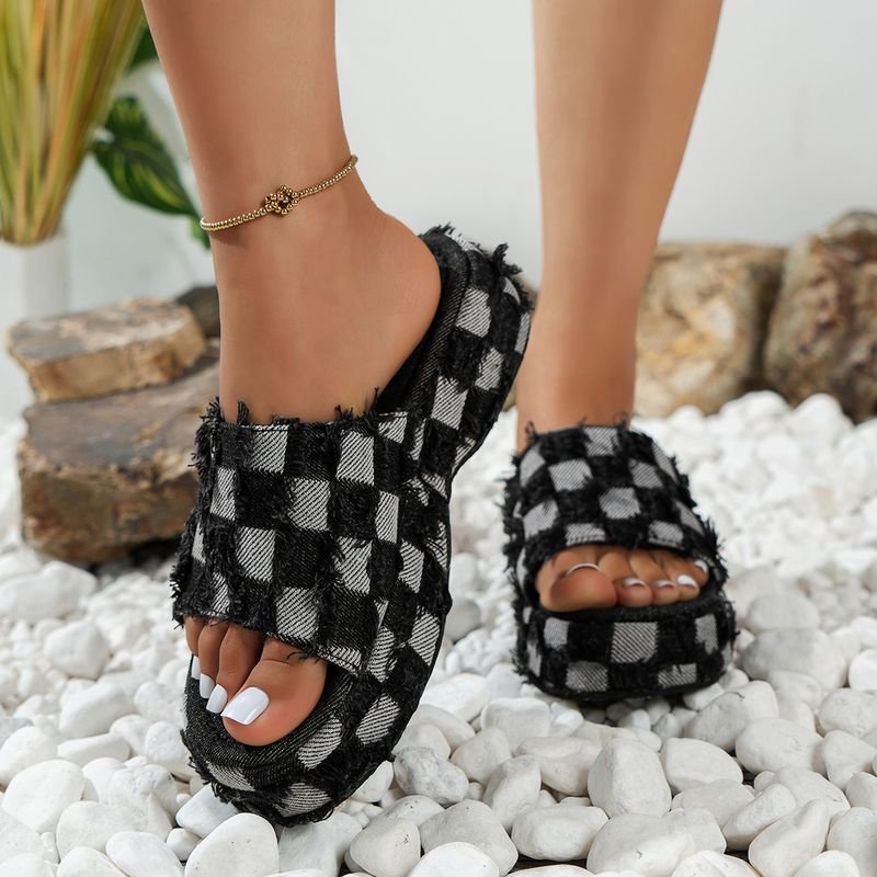 Women Fashion Casual PU Denim Plaid Round Toe Thick-Soled Slippers