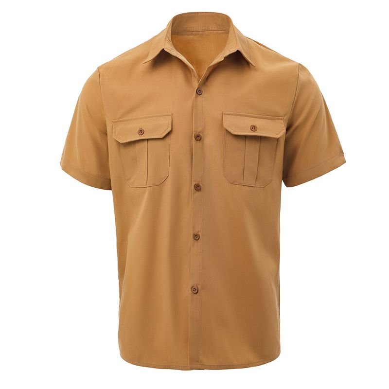 Men Fashion Casual Solid Color Double Pocket Short Sleeve Lapel Shirt