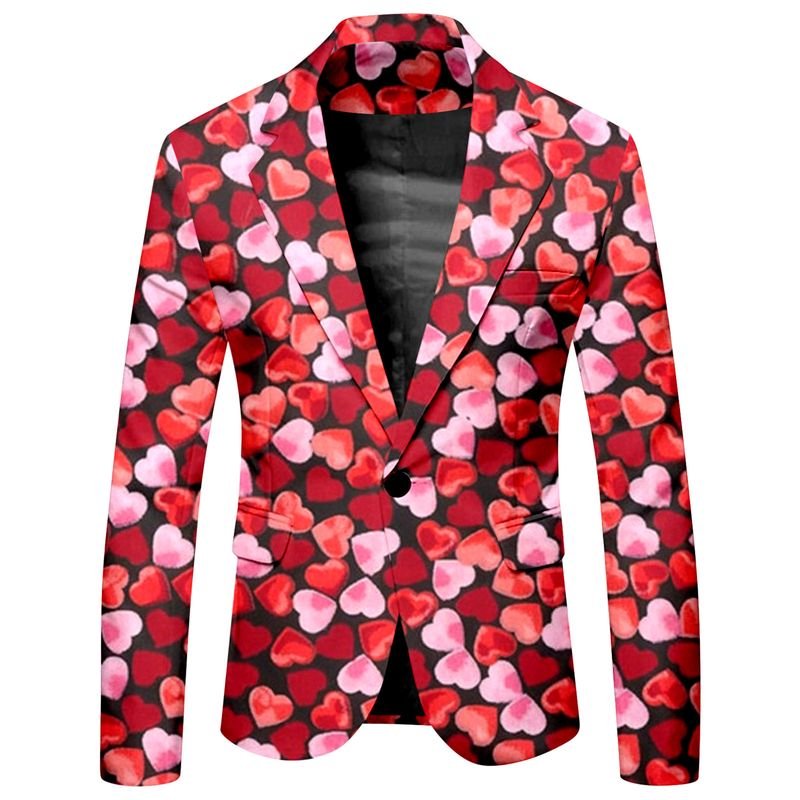 Men Fashion Casual Party Valentine Heart Shape Print Long Sleeve Lapel Suit