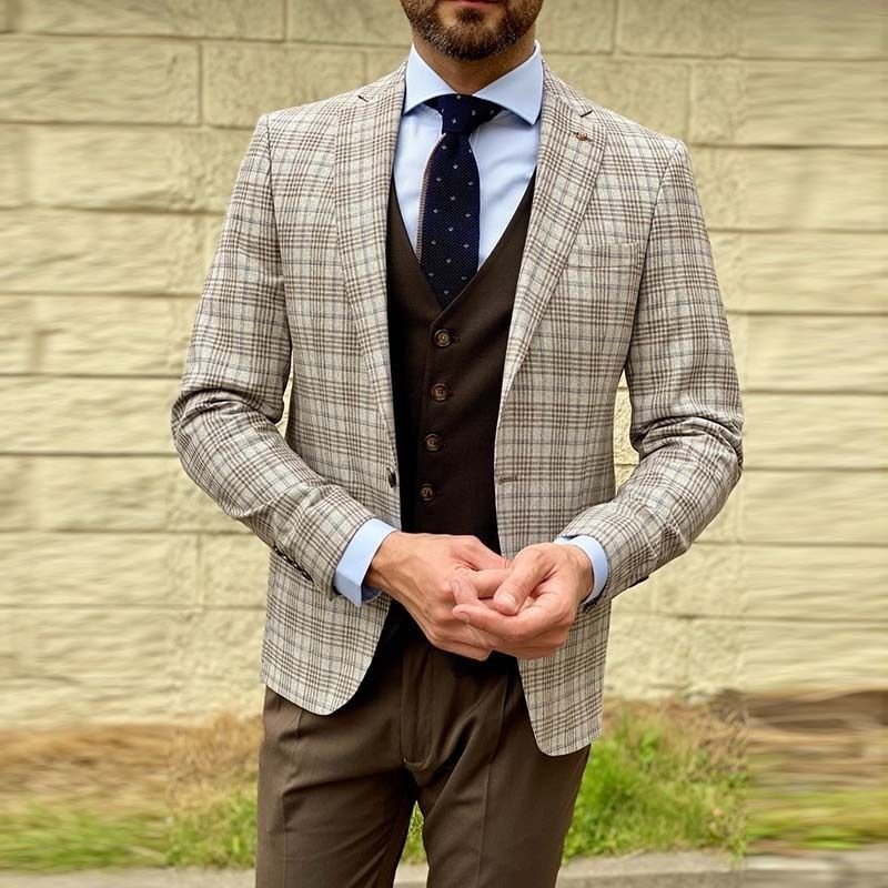 Men Spring Autumn Fashion Casual Commuter Stripe Plaid Long Sleeve Lapel Blazer