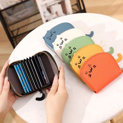 Women Cartoon Litchi Pattern Cat Zipper PU Wallet