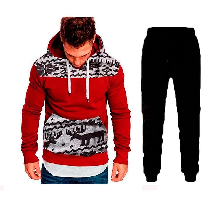 Men Casual Sports Christmas Deer Pattern Plus Size Long Sleeve Hoodies Trousers Sets