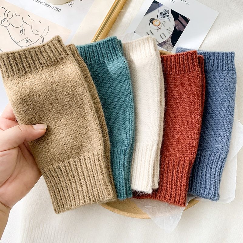 Autumn Winter Women Fashion Solid Color Warm Knitted Half Finger Wool Gloves