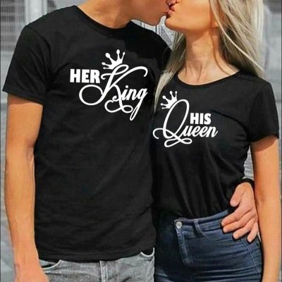 Valentine Day Simple Fashion Letter Crown Print Round Neck Short Sleeve Couple T-Shirt